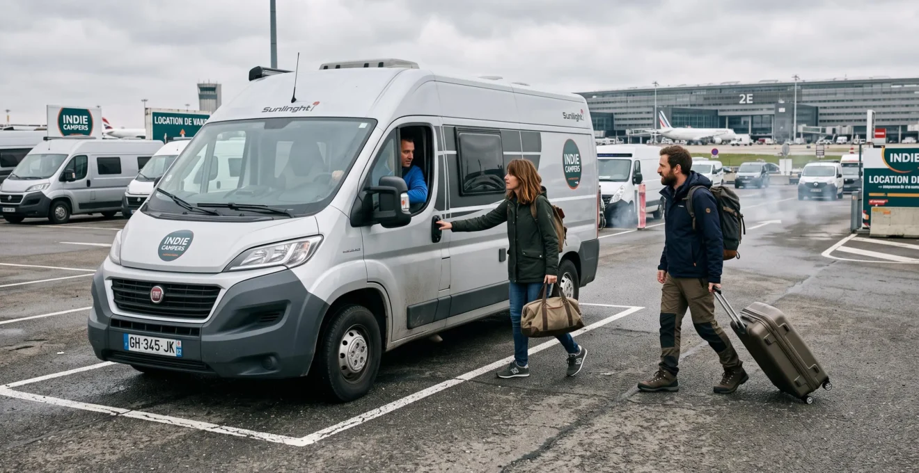 A couple collects a campervan in the rental area outside Charles de Gaulle airport.