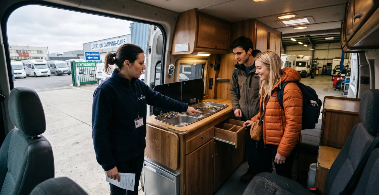 A rental agent shows the interior of a campervan to two travellers at the depot.