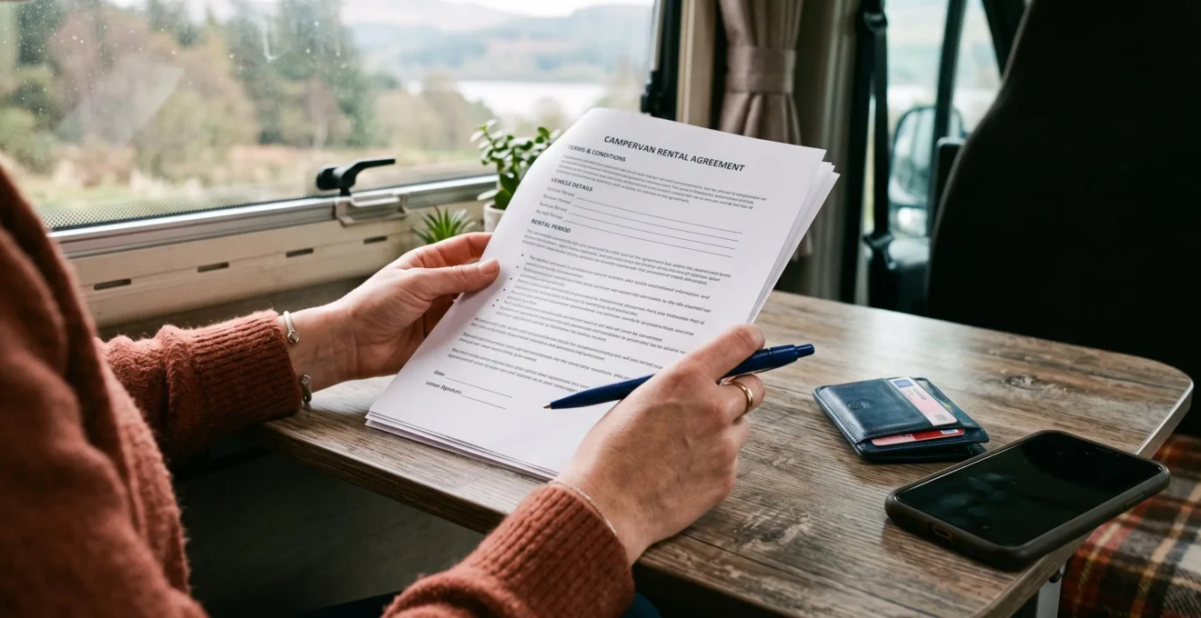 A traveller reviews a printed campervan rental agreement inside the van.