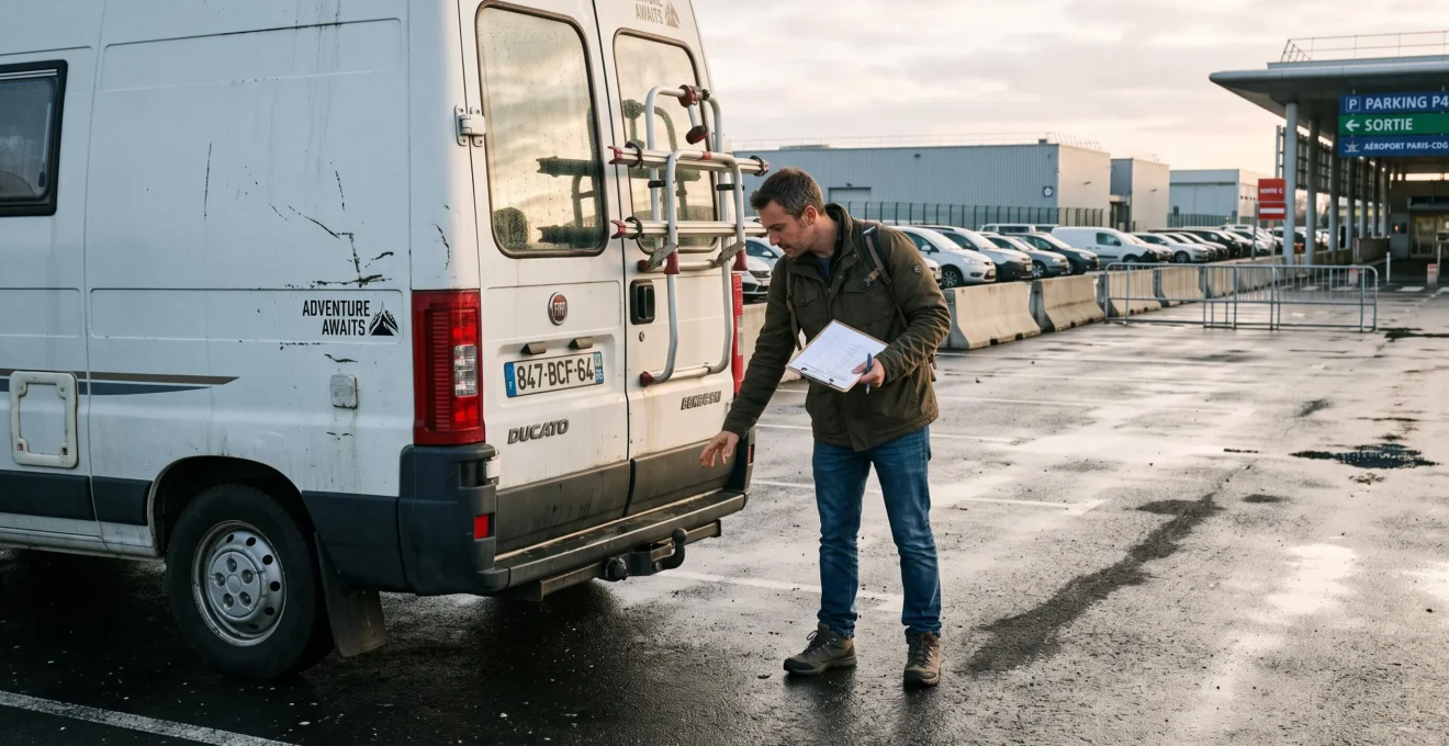 A traveller inspects the rear of a campervan with a checklist before departure.